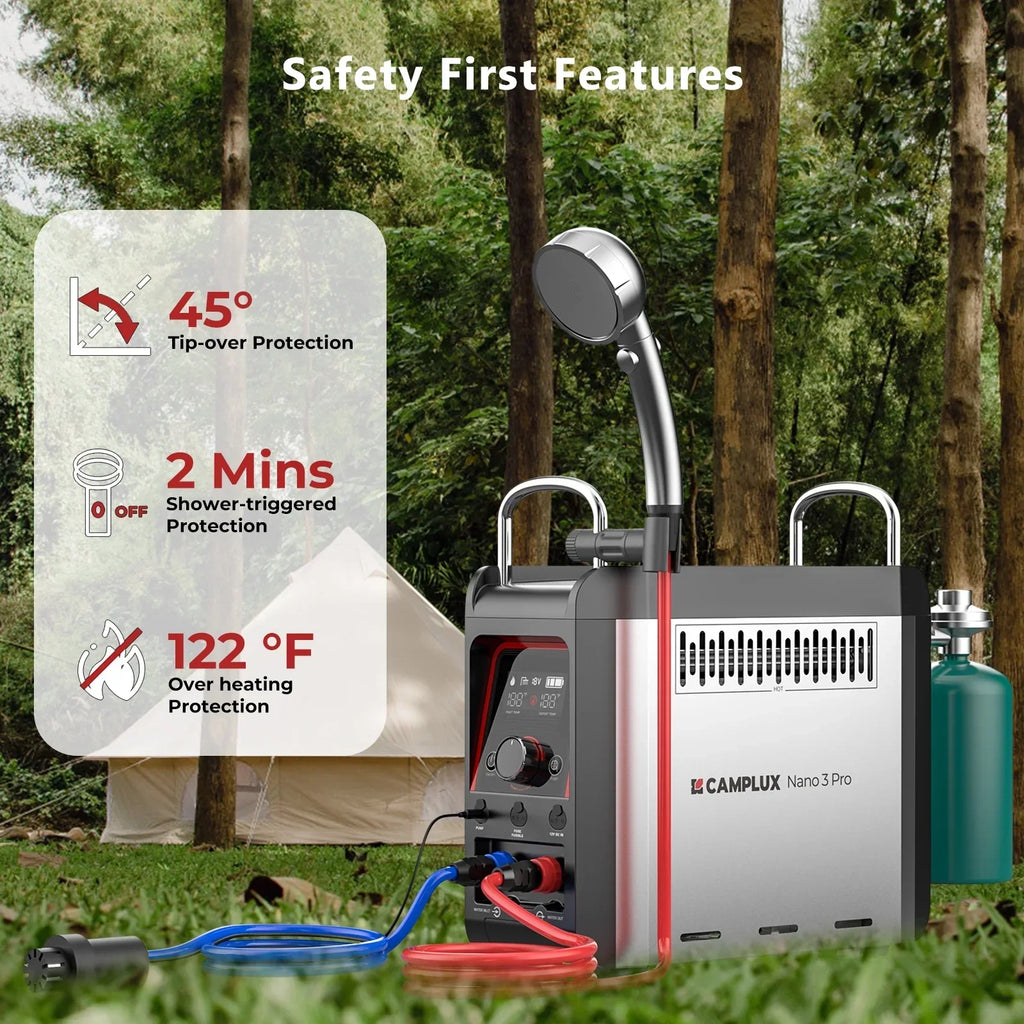 Nouveauté 2026 – Chauffe-eau portable au propane CAMPLUX Nano 3 Pro avec batterie, eau chaude instantanée pour le camping et les activités de plein air