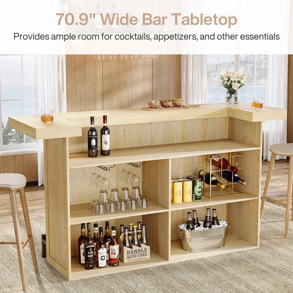 Nouveauté 2026 – Table de bar à 4 niveaux Tribesigns , grand meuble bar de 180 cm avec porte-verres à vin et repose-pieds noir, pour cuisine, salle à manger, salon, pub, marron rustique