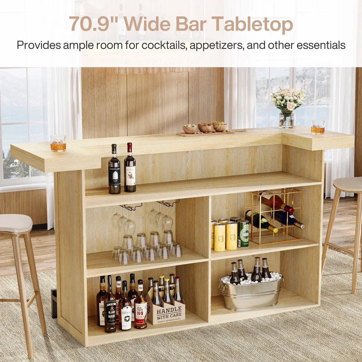 Nouveauté 2026 – Table de bar à 4 niveaux Tribesigns , grand meuble bar de 180 cm avec porte-verres à vin et repose-pieds noir, pour cuisine, salle à manger, salon, pub, marron rustique