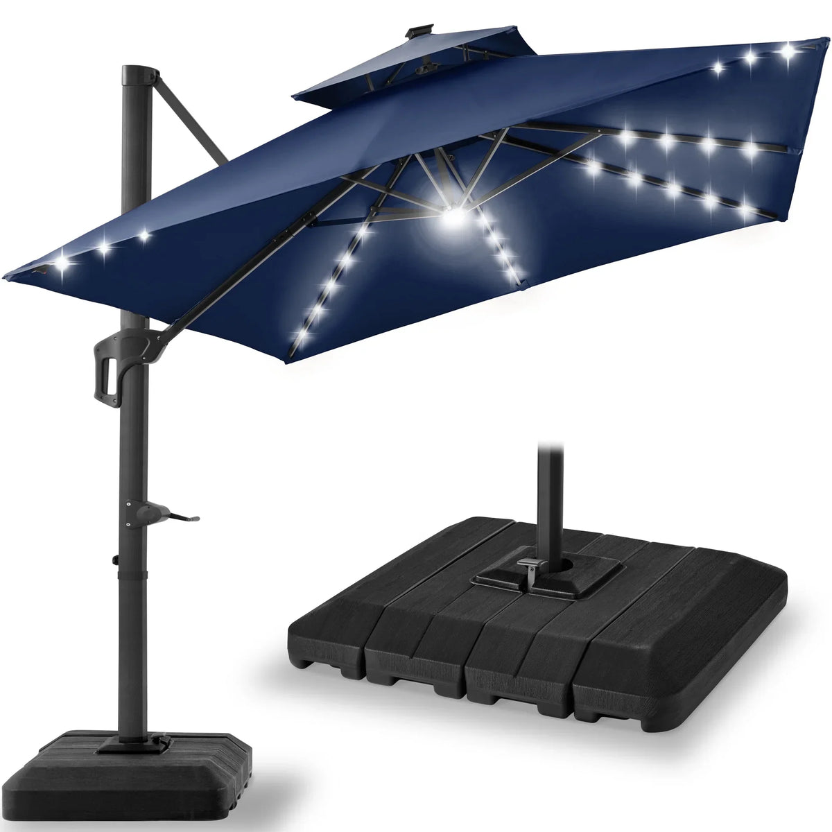 Nouveauté 2026 – Parasol de terrasse carré déporté à deux niveaux, 3 x 3 m, à éclairage solaire LED, avec base incluse (Best Choice Products, ) - Beige