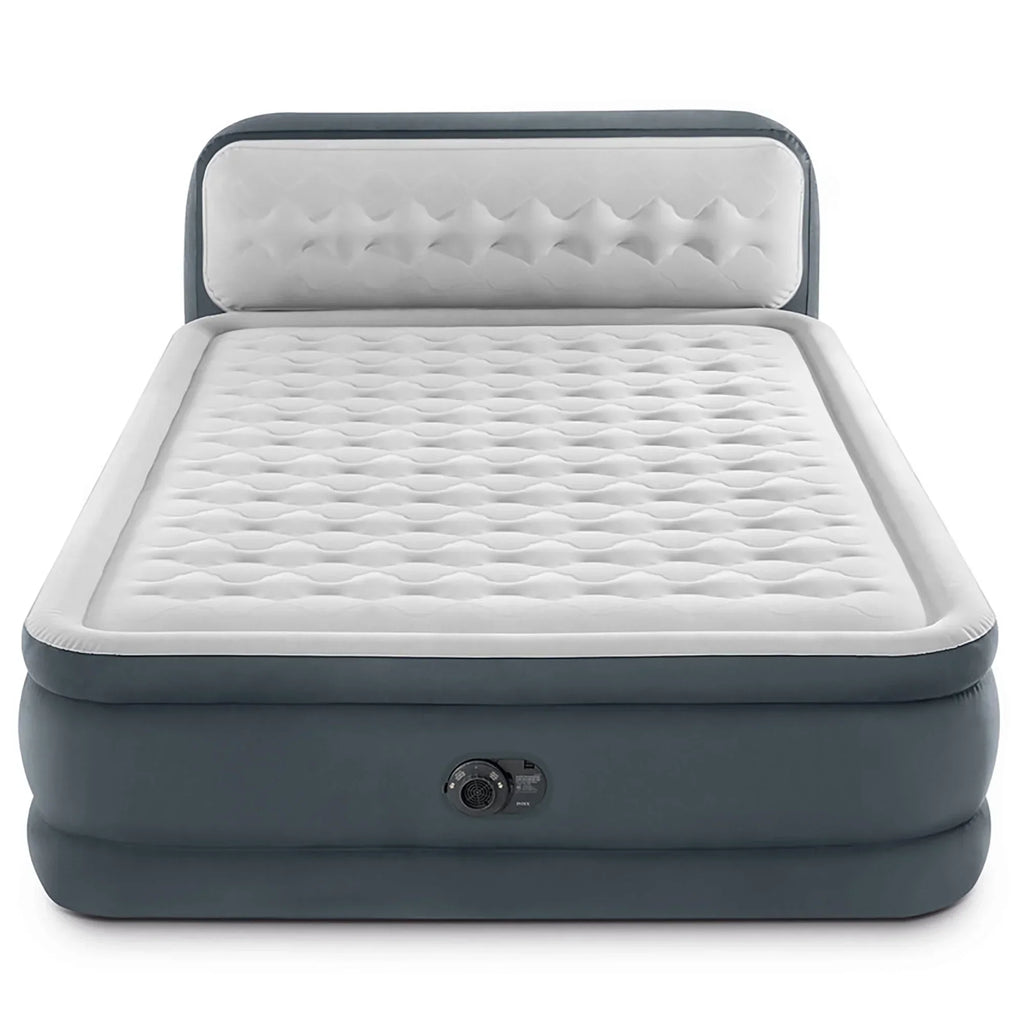 Nouveauté 2026 – D'Intex : Dura-Beam Deluxe : Matelas gonflable avec tête de lit ultra moelleuse - Queen - Gris, matelas gonflable de 45 cm, pompe intégrée, technologie Fiber-Tech, sac de transport, capacité de charge de 272 kg (64447ED