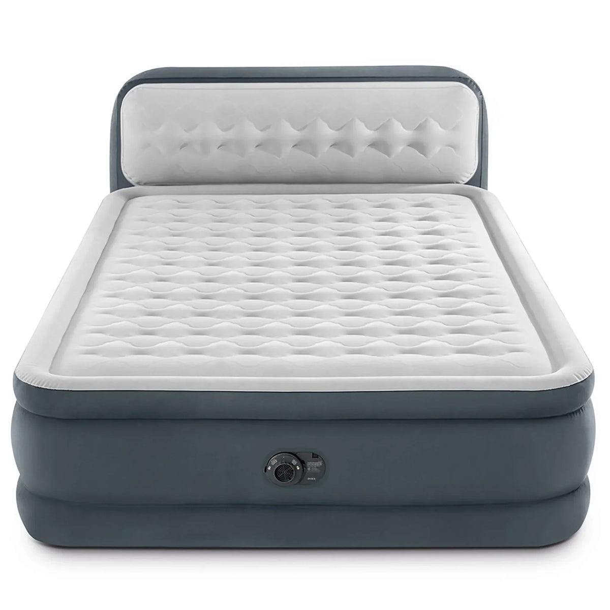 Nouveauté 2026 – D'Intex : Dura-Beam Deluxe : Matelas gonflable avec tête de lit ultra moelleuse - Queen - Gris, matelas gonflable de 45 cm, pompe intégrée, technologie Fiber-Tech, sac de transport, capacité de charge de 272 kg (64447ED