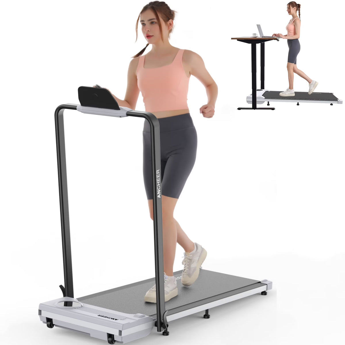 Nouveauté 2026 – Tapis de marche pliable et portable ANCHEER , capacité de 136 kg (300 lb), vitesse de 12 km/h (7,5 mi/h), à placer sous un bureau, avec télécommande et écran LED, 2 en 1, pour la maison, le bureau ou l'exercice (rose
