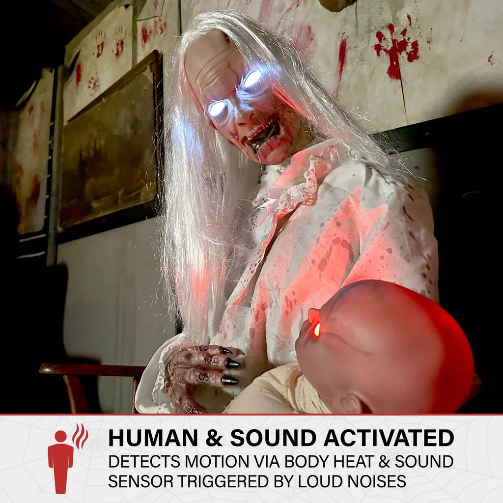 Nouveauté 2026 – Décoration d'Halloween Tekky Haunted Hill Farm : Mamie Gravely animatronique de 88 cm (2,9 pi) avec sons activés par le mouvement, HHGRVLYGRNY-1FLSA