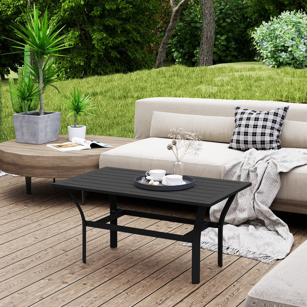 Nouveauté 2026 – Table basse d'extérieur Outsunny , table basse rectangulaire résistante aux intempéries pour patio, avec plateau à lattes, marron