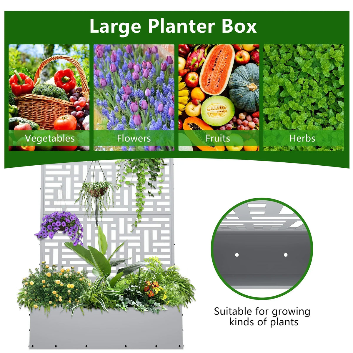 Nouveauté 2026 – Jardinière surélevée en métal FOOWIN , 180 cm de haut, avec treillis, pour plantes grimpantes, avec trou de drainage, noire