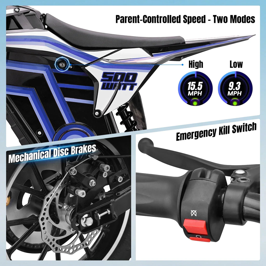 Nouveauté 2026 – Moto tout-terrain électrique QEASET , 500 W, pour enfants (garçons et filles) de 8 à 14 ans, bleue