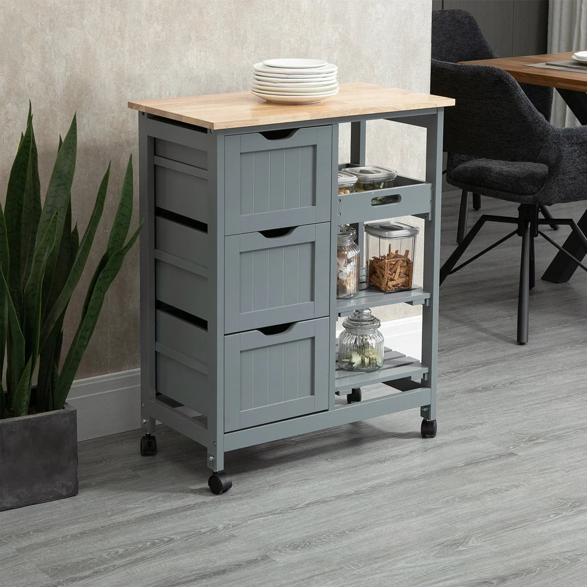 Nouveauté 2026 – Îlot de cuisine roulant HOMCOM , chariot de service de bar, chariot compact sur roulettes avec plateau en bois, étagères et tiroirs pour salle à manger, gris