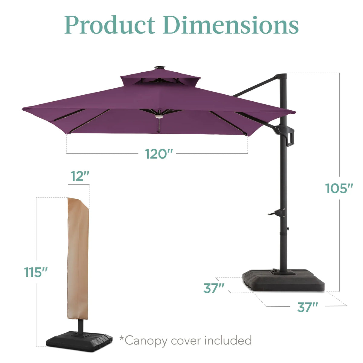 Nouveauté 2026 – Parasol de terrasse carré déporté à deux niveaux, 3 x 3 m, à éclairage solaire LED, avec base incluse (Best Choice Products, ) - Beige