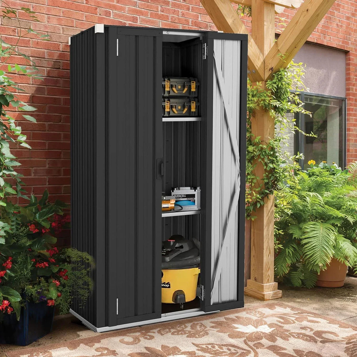 Nouveauté 2026 – Armoire de rangement extérieure AECOJOY pour jardin et terrasse, un meuble de rangement en métal avec portes et étagères, de couleur grise