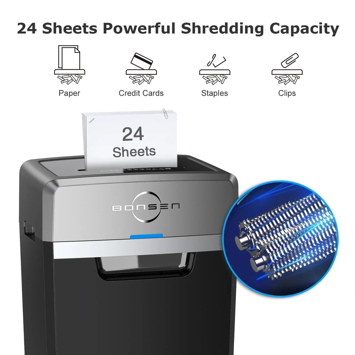Nouveauté 2026 – Destructeur de documents Bonsen , coupe croisée, 24 feuilles, usage intensif, pour bureau | Destructeur commercial avec bac de 34 litres