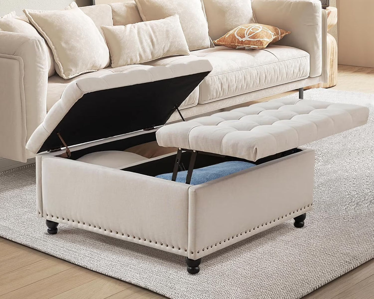 Nouveauté 2026 – Pouf de rangement carré Magic Union 35" , grand modèle, avec plateau relevable et revêtement capitonné, idéal pour le salon (beige
