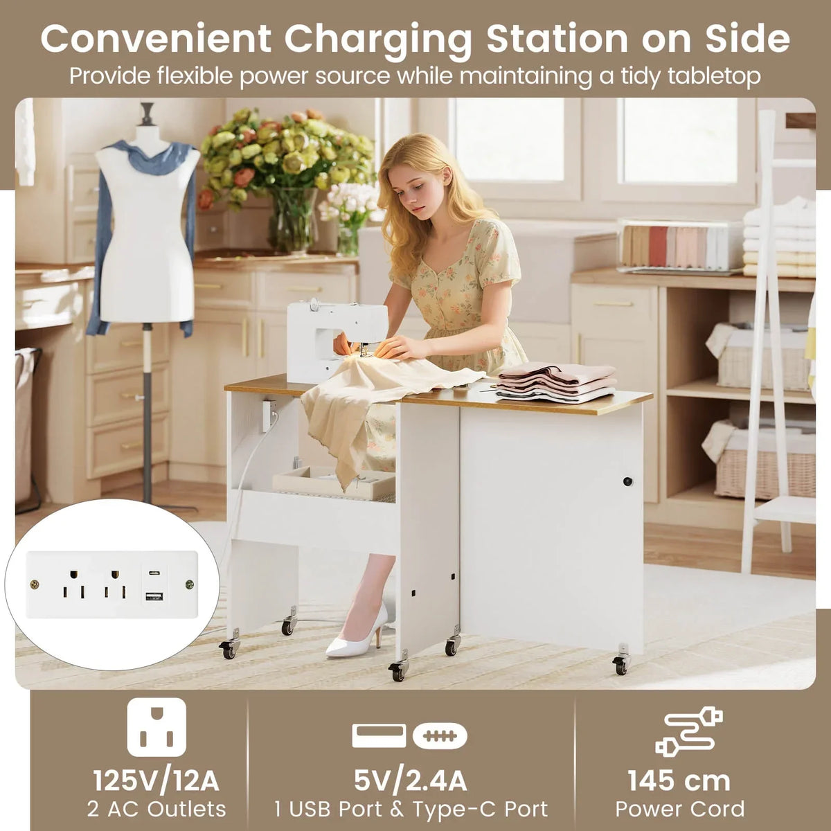Nouveauté 2026 – Table de couture pliante Costway , station de loisirs créatifs roulante avec 3 bacs de rangement et station de charge, blanc et naturel