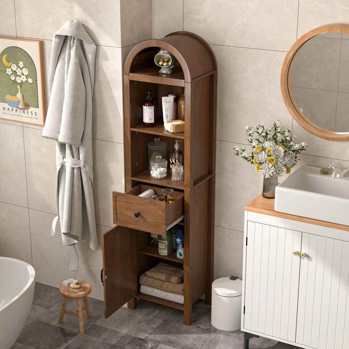 Nouveauté 2026 – Armoires de rangement hautes pour salle de bain Fiogmub avec portes et étagères, armoire à linge haute et étroite avec tiroir