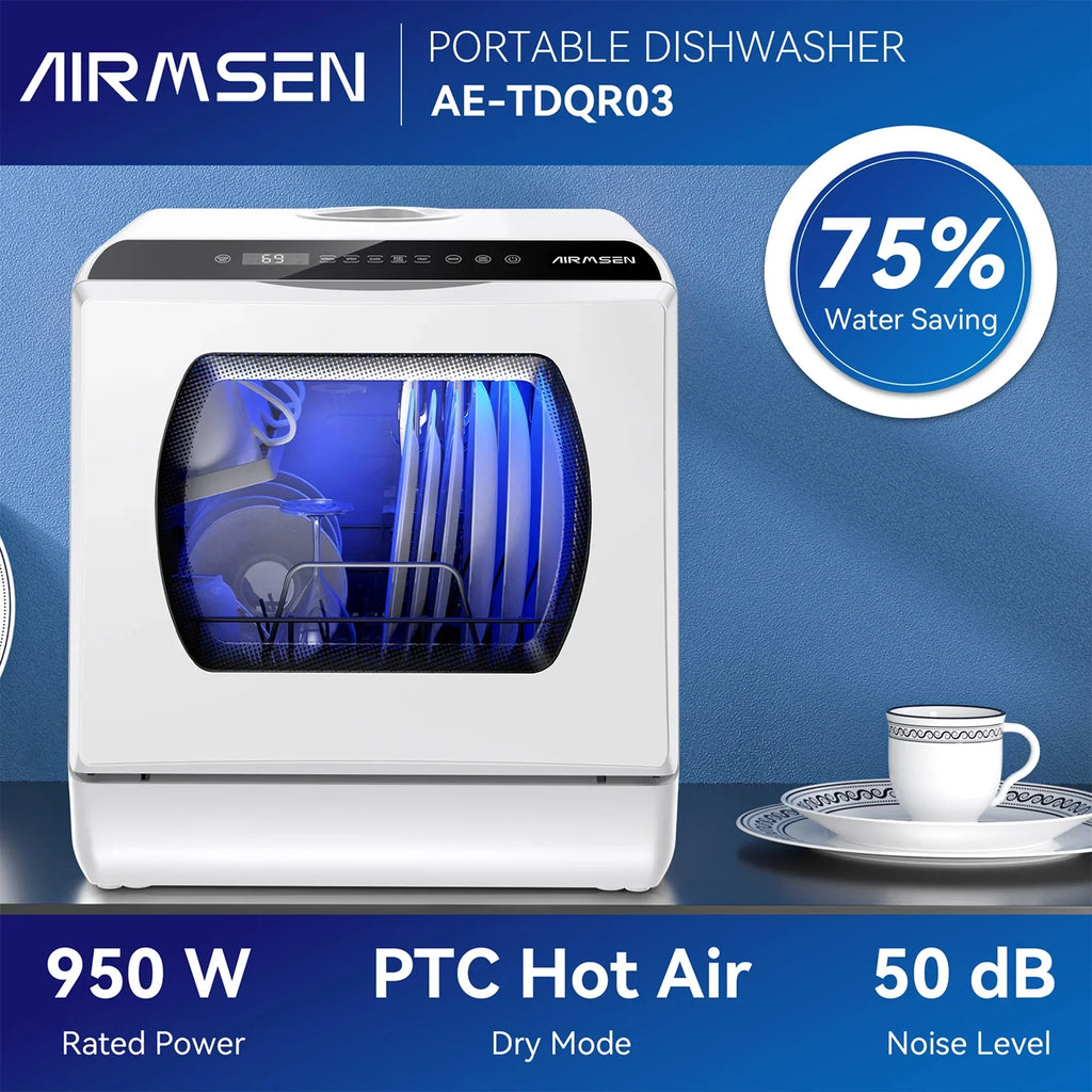 Nouveauté 2026 – Lave-vaisselle portable de comptoir AIRMSEN avec réservoir d'eau intégré de 5 litres et fonction de séchage à l'air, 5 programmes de lavage, mini lave-vaisselle, AE-TDQR03