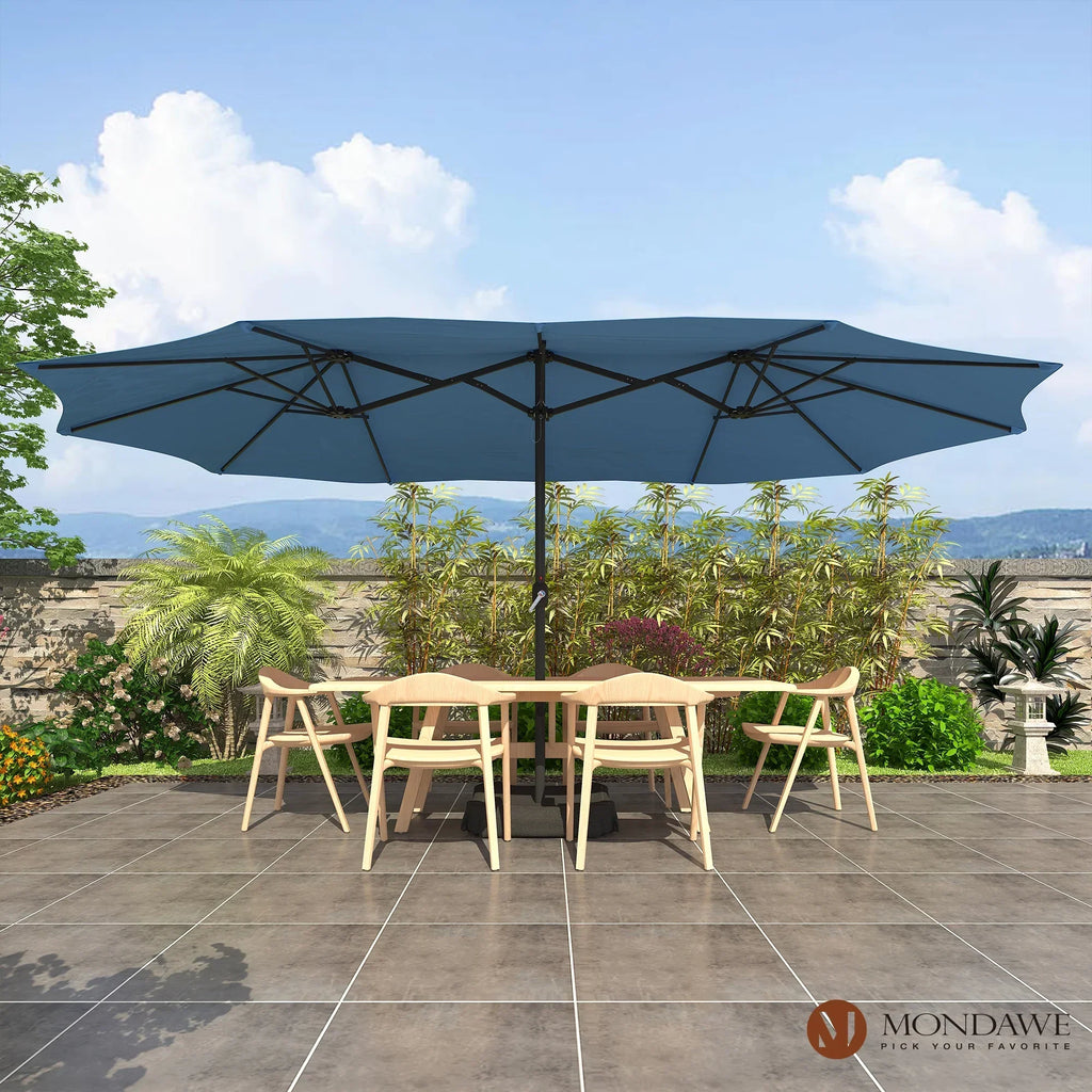 Nouveauté 2026 – Parasol rectangulaire Mondawe 4,57 m (15 pi) avec base et éclairage LED beige