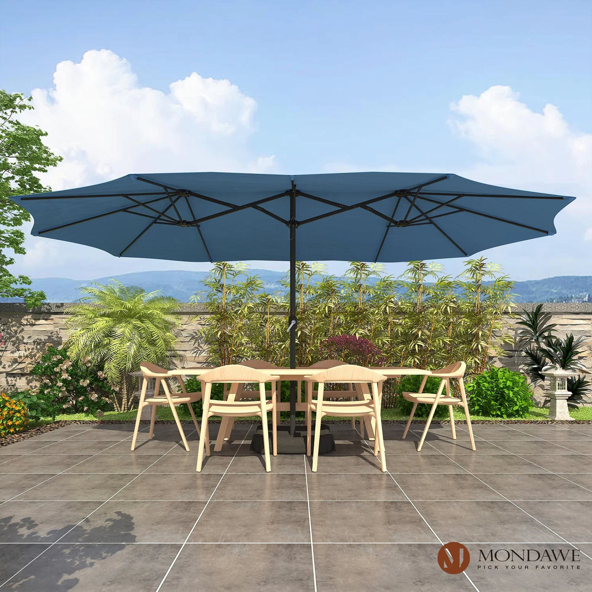 Nouveauté 2026 – Parasol rectangulaire Mondawe 4,57 m (15 pi) avec base et éclairage LED beige