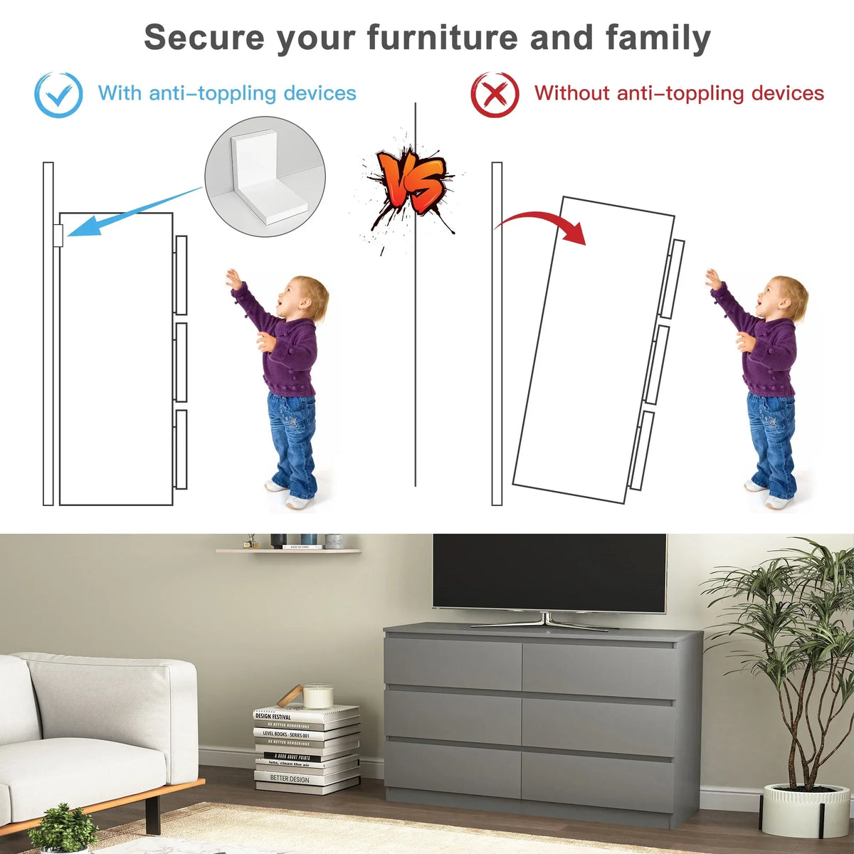 Nouveauté 2026 – Commode Resenkos moderne style milieu du siècle, 6 tiroirs, large, pour chambre à coucher, grise