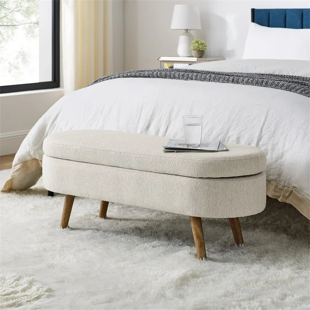 Nouveauté 2026 – Nouveau banc ottoman de rangement ovale de 110 cm (43,5 po) avec pieds en bois massif, revêtement en lin, charnière de sécurité, idéal pour l'entrée ou comme banc d'intérieur au pied du lit, à côté d'un canapé ou dans une entrée