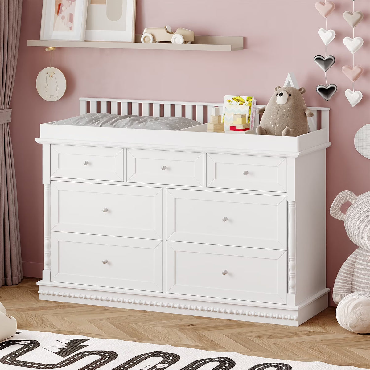 Nouveauté 2026 – Table à langer/commode pour chambre de bébé OXYLIFE , 114 cm (45 po), avec 4 tiroirs et une étagère, blanche