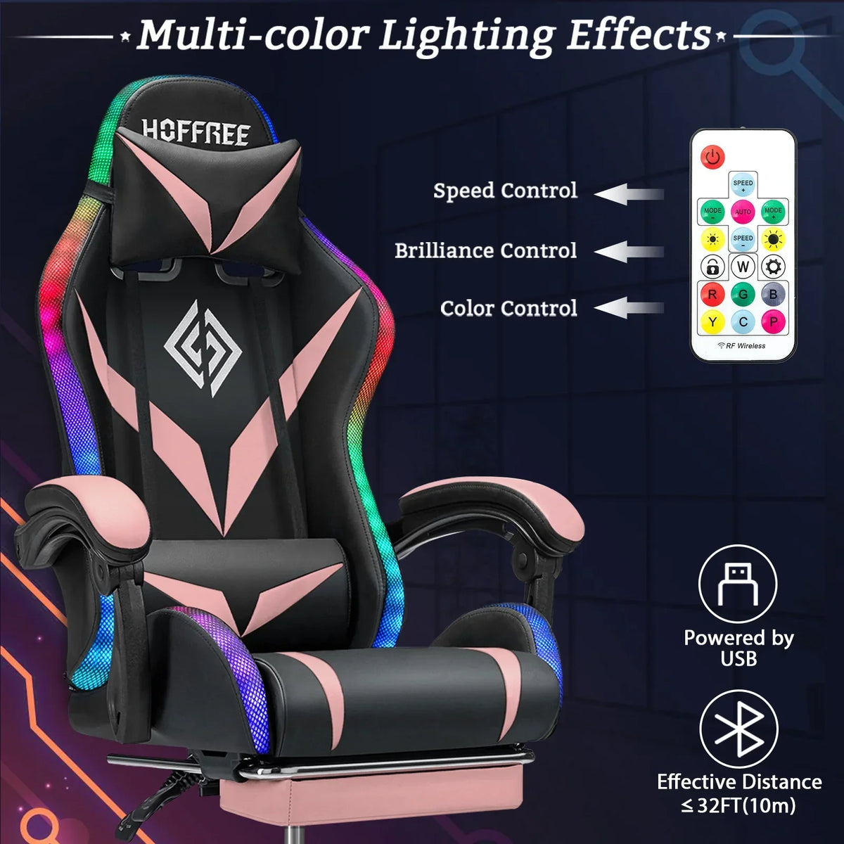 Nouveauté 2026 – Fauteuil de jeu Hoffree avec haut-parleurs intégrés, en cuir PU, repose-pieds et éclairage LED. Fauteuil ergonomique pour gamer avec massage, soutien lombaire et appui-tête pivotant et réglable. Idéal pour le télétravail et le bureau