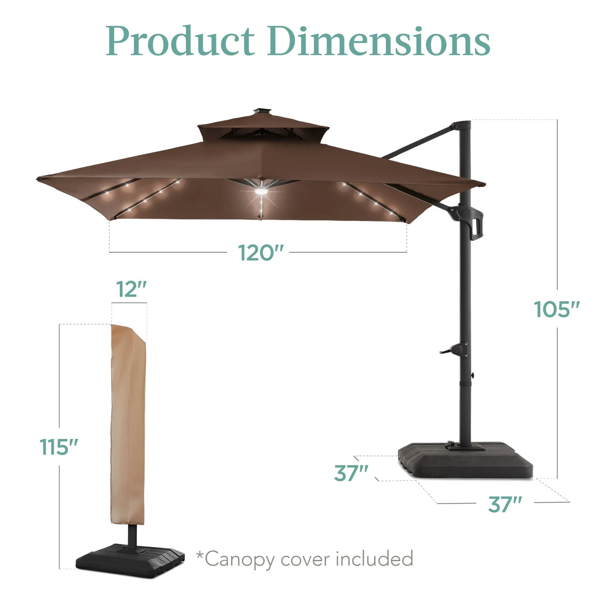 Nouveauté 2026 – Parasol de terrasse carré déporté à deux niveaux, 3 x 3 m, à éclairage solaire LED, avec base incluse (Best Choice Products, ) - Beige