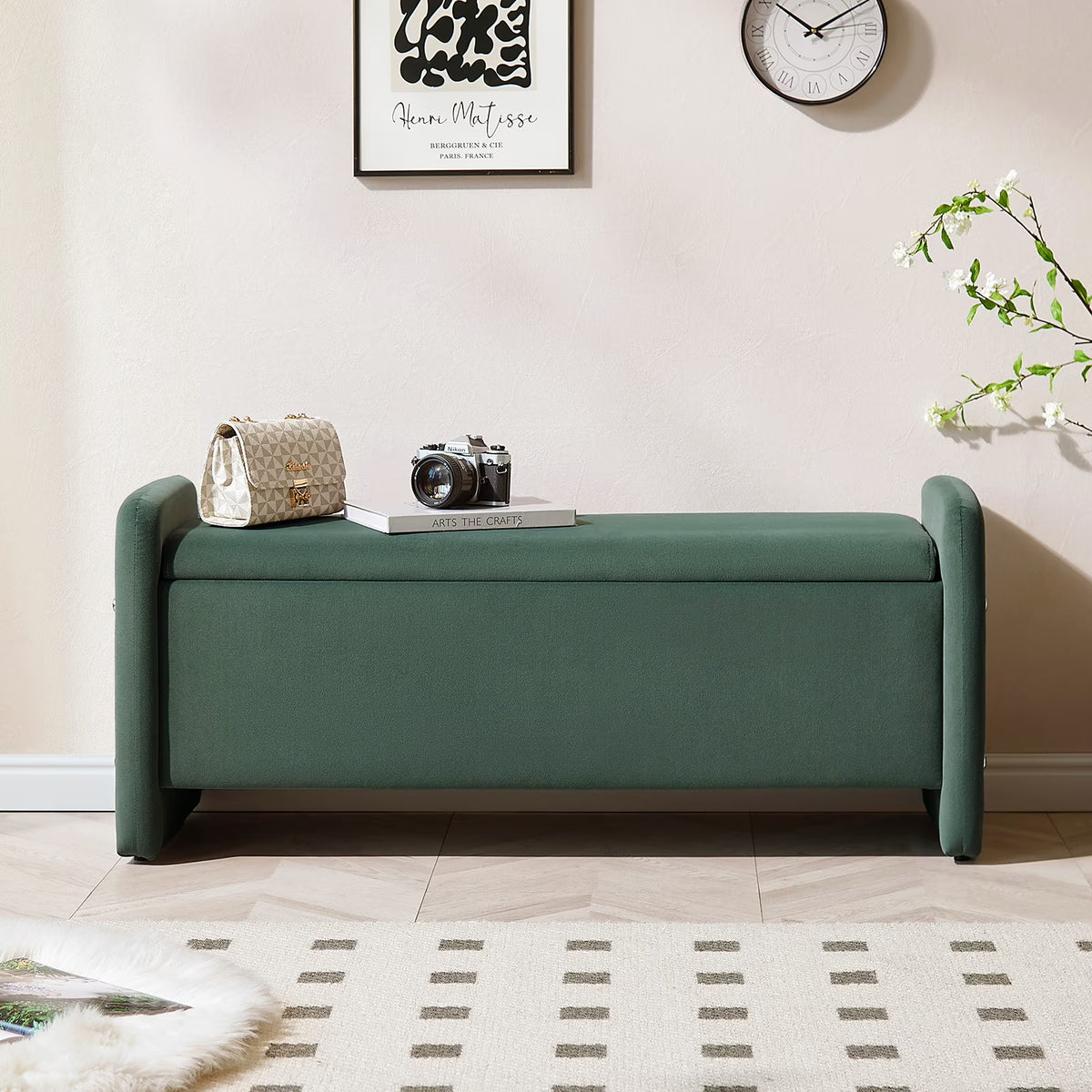 Nouveauté 2026 – Banc coffre Pinmoco de 112 cm (44 po), banc d'entrée rembourré avec rangement, idéal pour la chambre et le salon, en velours côtelé gris
