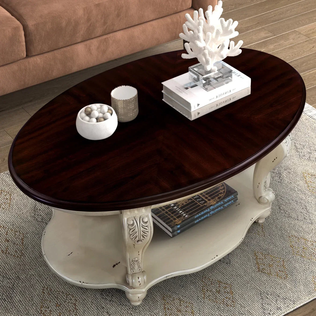 Nouveauté 2026 – Table basse ovale 42" avec étagère de rangement, table basse à deux niveaux en bois massif, style rétro traditionnel pour salon, supporte jusqu'à 181 kg, couleur cerisier