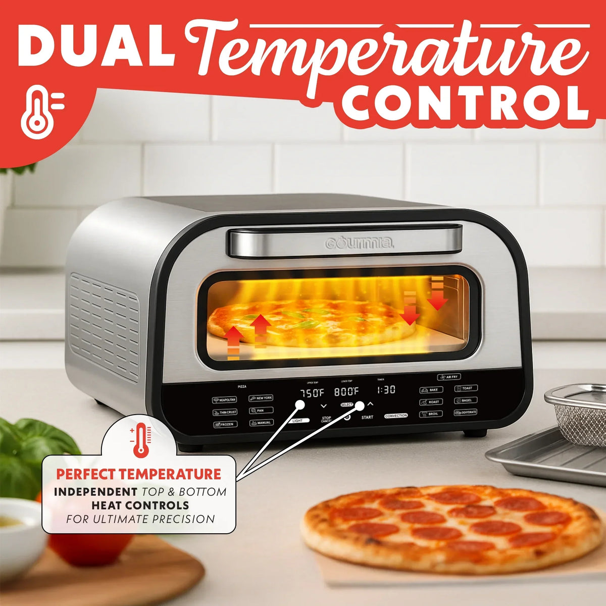 Nouveauté 2026 – Four à pizza d'intérieur Gourmia - Tout-en-un avec 7 fonctions de cuisson, 6 programmes pizza prédéfinis, acier inoxydable