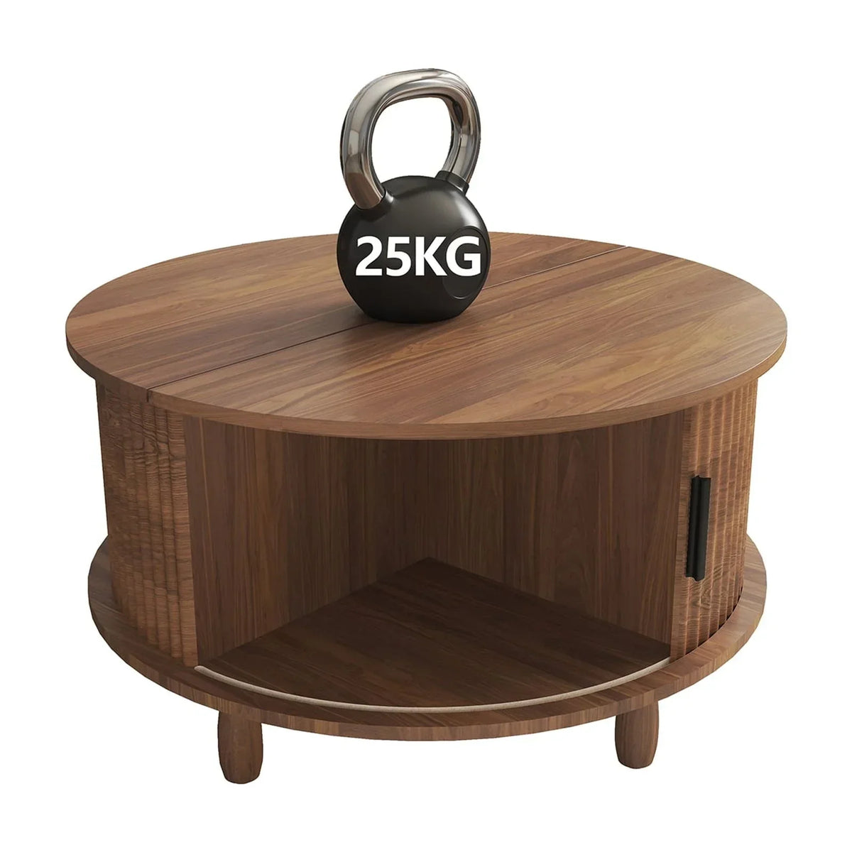 Nouveauté 2026 – Table basse ronde RUMLIVE avec rangement, table basse moderne de 78 cm avec porte coulissante incurvée à 360°, table basse en bois cannelé avec patins, table centrale ronde pour salon, noire