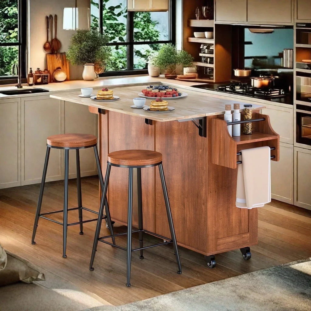 Nouveauté 2026 – Îlot de cuisine Lofka 52 pouces (132 cm) avec rangement sur roulettes et abattant en bois, idéal pour les petites cuisines