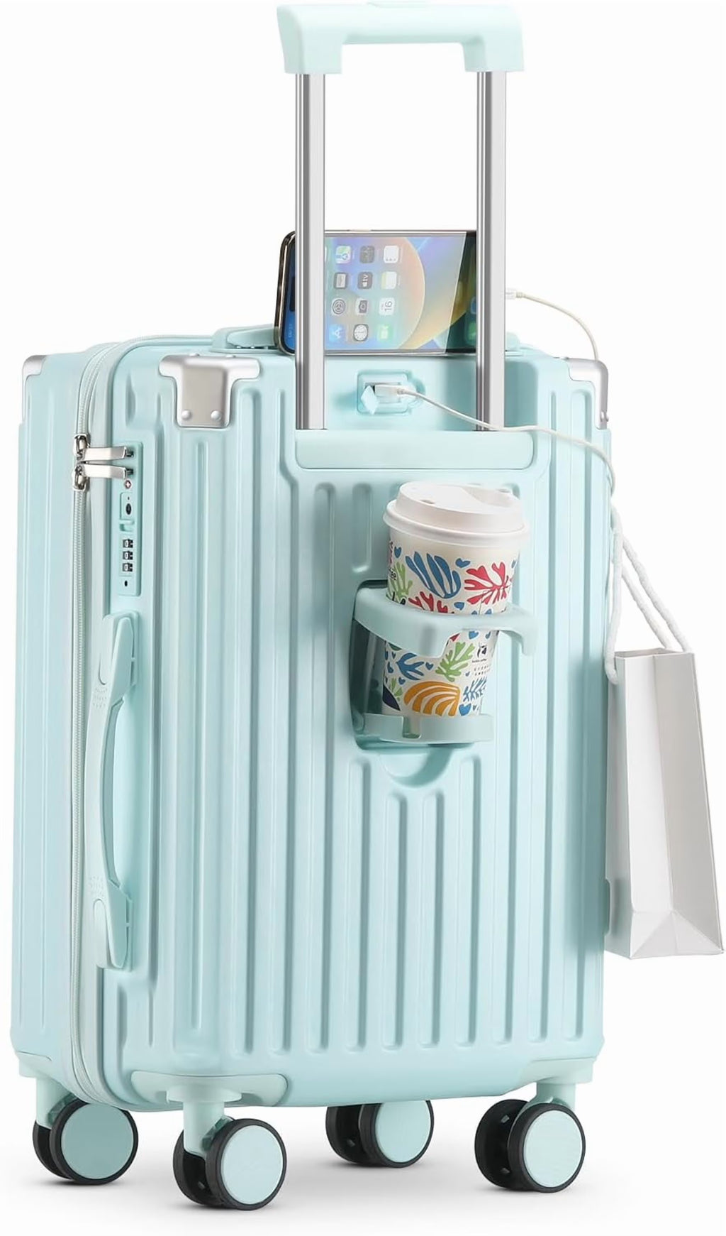 Nouveauté 2026 – Valise cabine 20 de 51 cm (20 pouces) avec porte-gobelet et port USB, approuvée par les compagnies aériennes et verrouillable TSA, légère, en polycarbonate, avec roulettes pivotantes à 360°