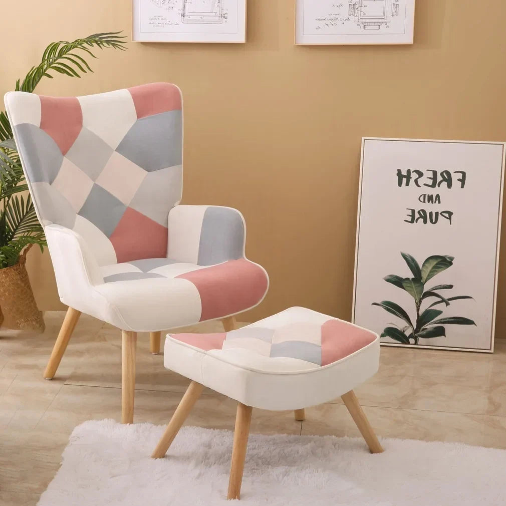 Nouveauté 2026 – Fauteuil d'appoint moderne avec pieds en bois massif et dossier haut à oreilles, ensemble de fauteuil avec repose-pieds, fauteuil confortable pour salon, salle de lecture, chambre, patchwork coloré