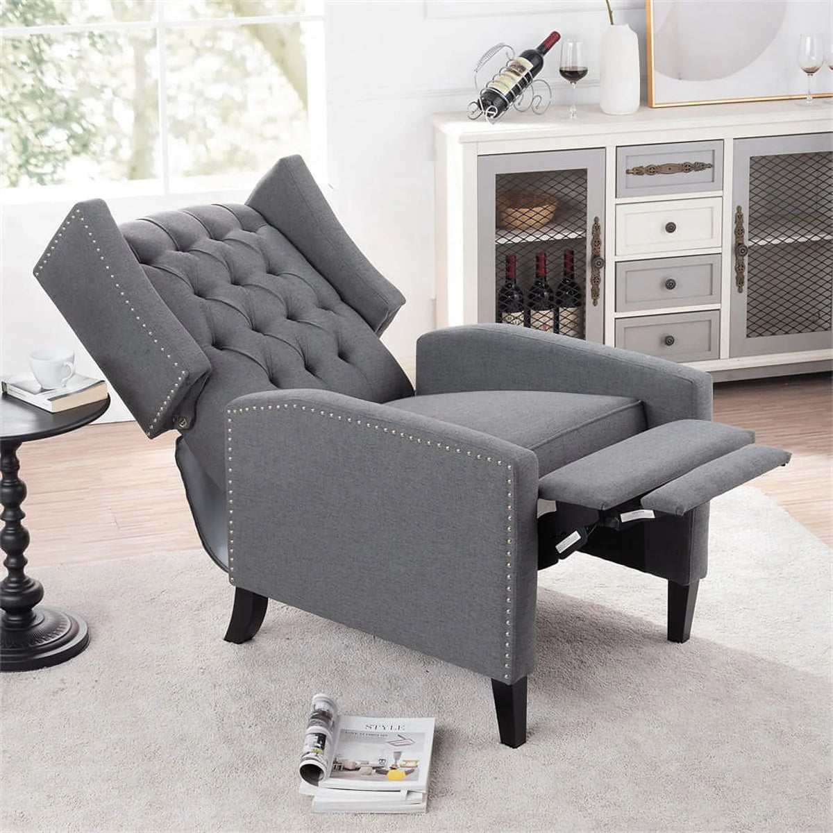 Nouveauté 2026 – Fauteuil d'appoint Triple Tree Modern en tissu, mousse et bois massif, imprimé, garniture cloutée, beige