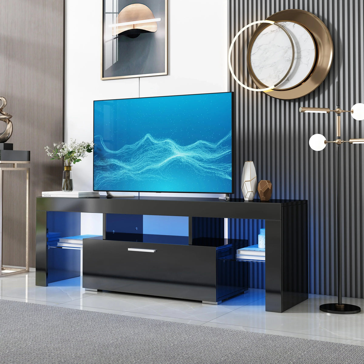 Nouveauté 2026 – Meuble TV PAPROOS pour téléviseurs jusqu'à 70 pouces, finition laquée brillante avec éclairage LED, console TV moderne avec tiroirs de rangement, meuble multimédia, blanc