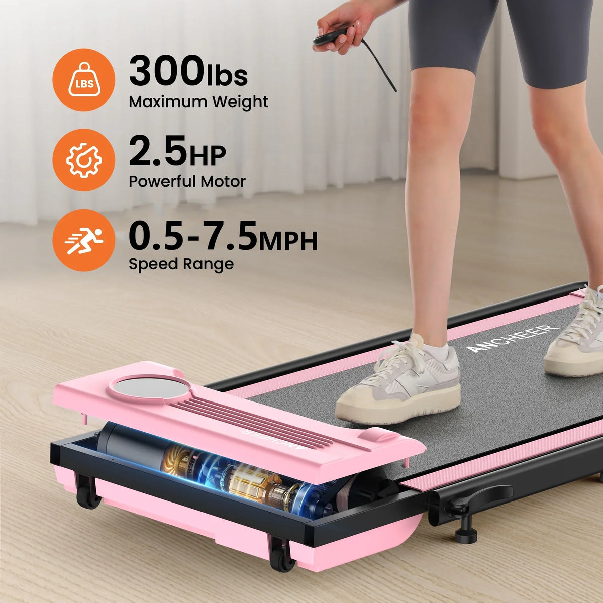 Nouveauté 2026 – Tapis de marche pliable et portable ANCHEER , capacité de 136 kg (300 lb), vitesse de 12 km/h (7,5 mi/h), à placer sous un bureau, avec télécommande et écran LED, 2 en 1, pour la maison, le bureau ou l'exercice (rose