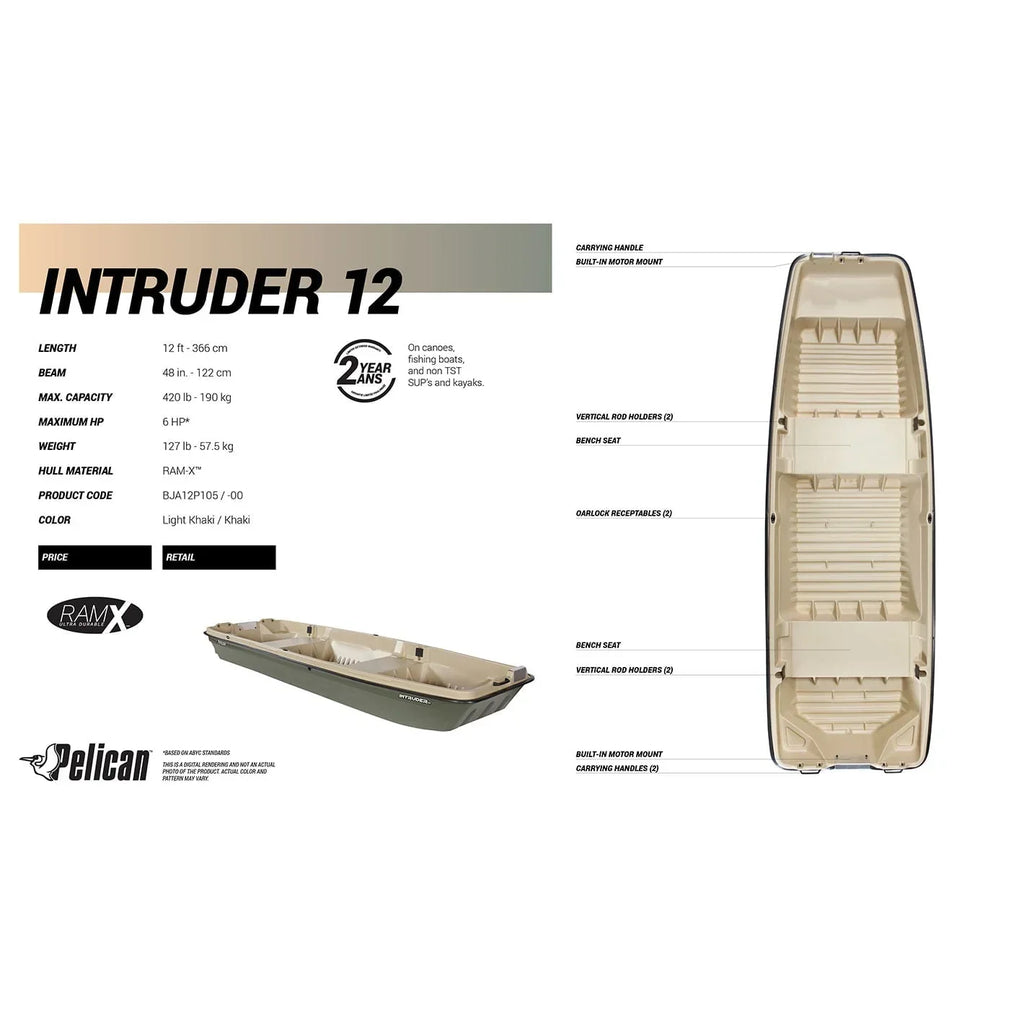 Nouveauté 2026 – Pelican - Bateau Intruder 12 - Bateau de pêche Jon - 3,66 m (12 pi) - Idéal pour la chasse et la pêche, kaki/beige