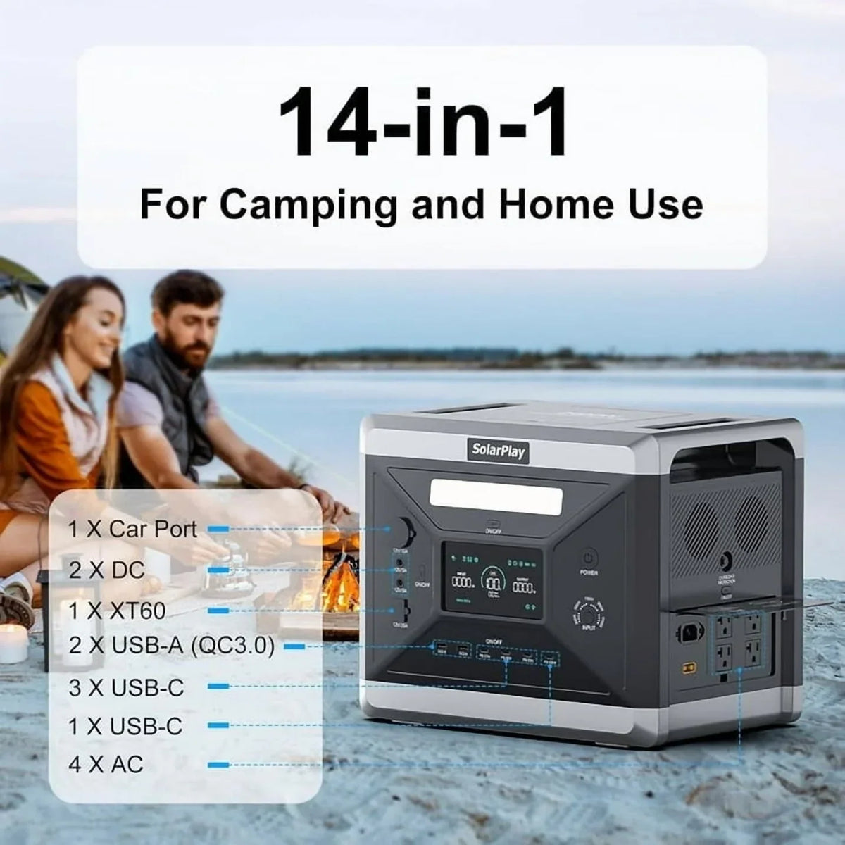 Nouveauté 2026 – Générateur solaire Solarplay 2400 W (4800 W en crête), avec panneau solaire de 400 W et batterie LiFePO4 portable de 2160 Wh, idéal pour le camping, la maison et les véhicules de secours
