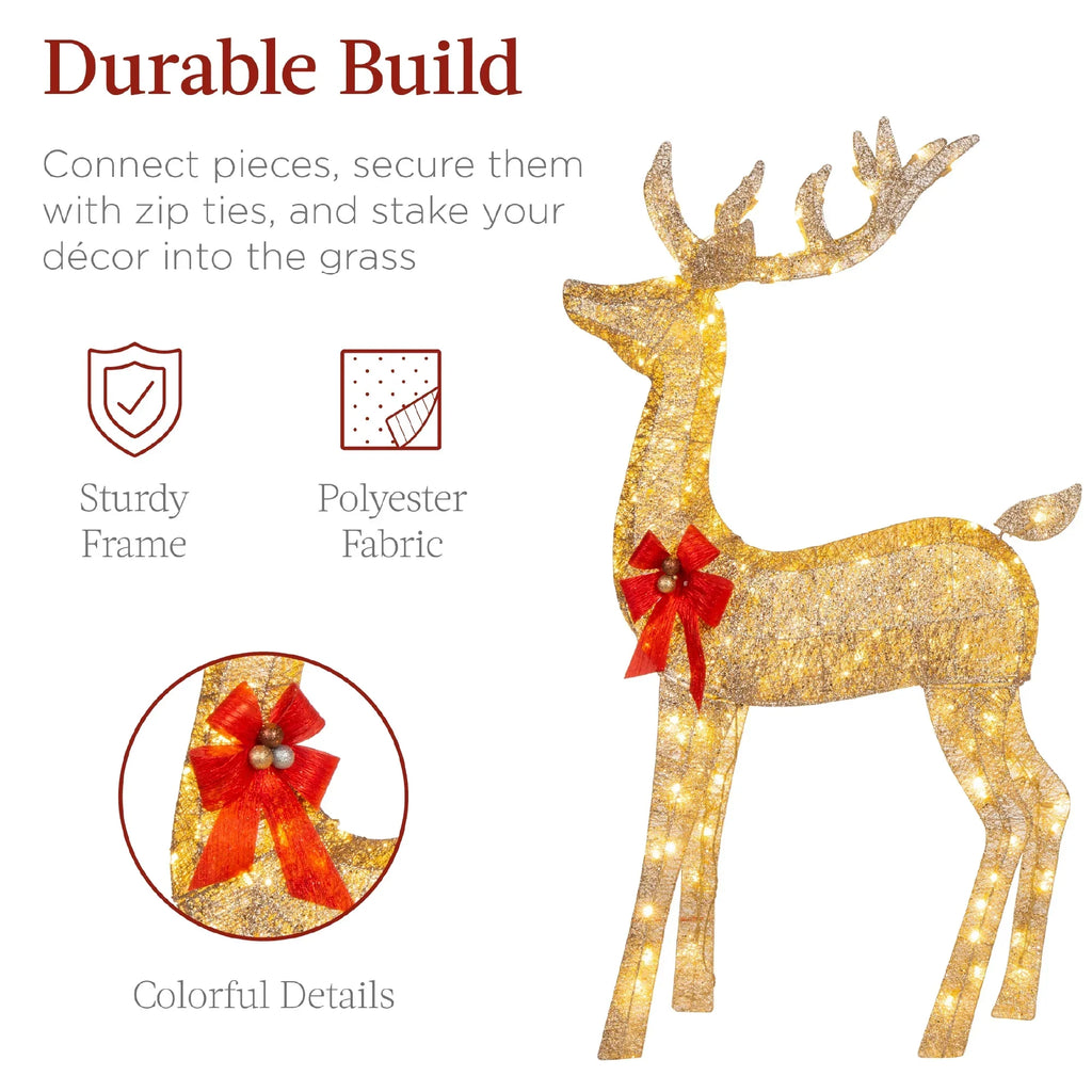 Nouveauté 2026 – Décoration de jardin extérieure Best Choice Products : cerfs lumineux de Noël en 3 pièces, 2 m (6,5 pi), avec 385 lumières DEL et piquets – Or