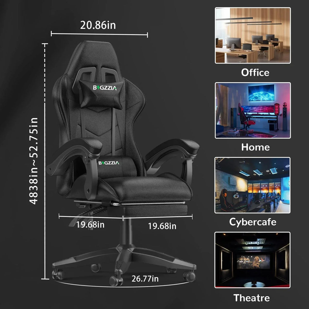 Nouveauté 2026 – Chaise de jeu Bigzzia , chaise de bureau ergonomique avec appui-tête et soutien lombaire réglables en hauteur, pour adultes et adolescents, noir et blanc