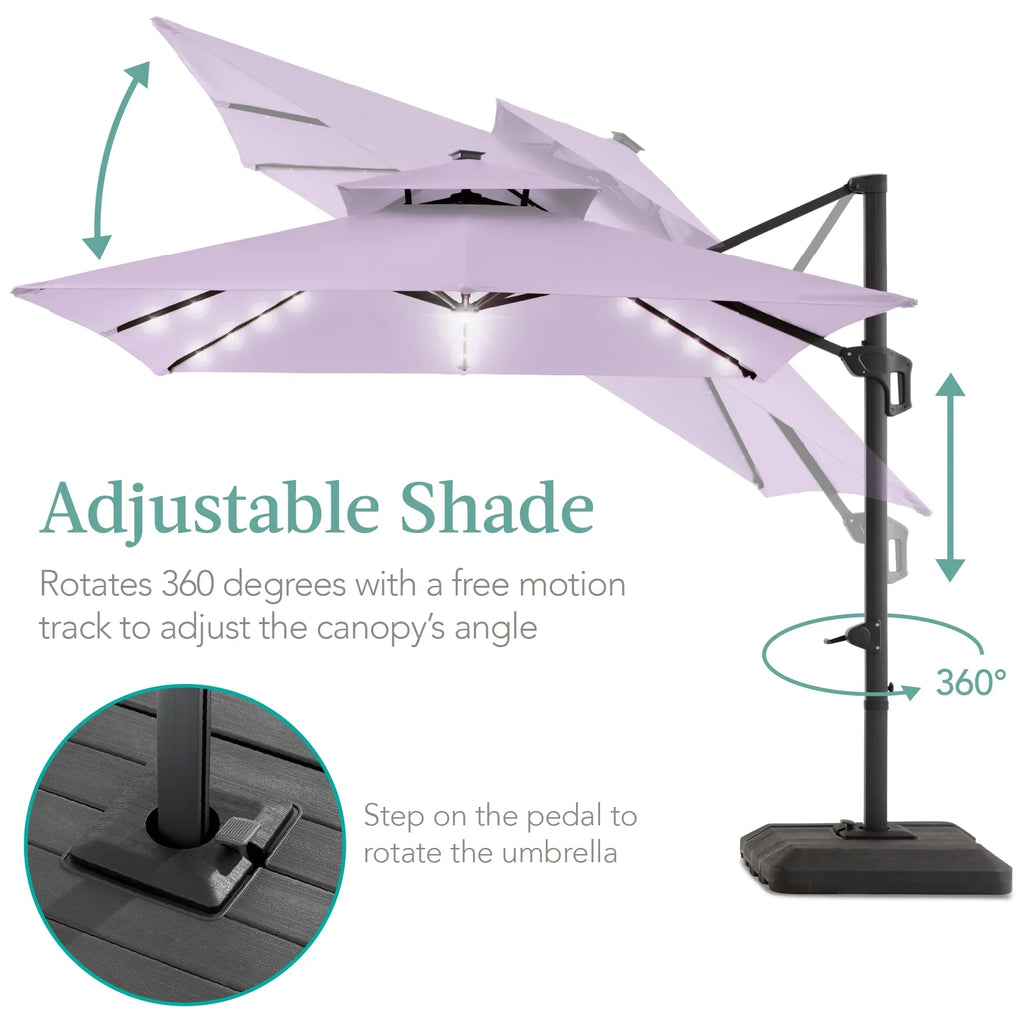 Nouveauté 2026 – Parasol de terrasse carré déporté à deux niveaux, 3 x 3 m, à éclairage solaire LED, avec base incluse (Best Choice Products, ) - Beige