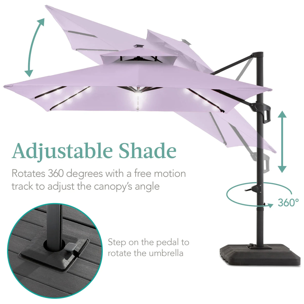 Nouveauté 2026 – Parasol de terrasse carré déporté à deux niveaux, 3 x 3 m, à éclairage solaire LED, avec base incluse (Best Choice Products, ) - Beige