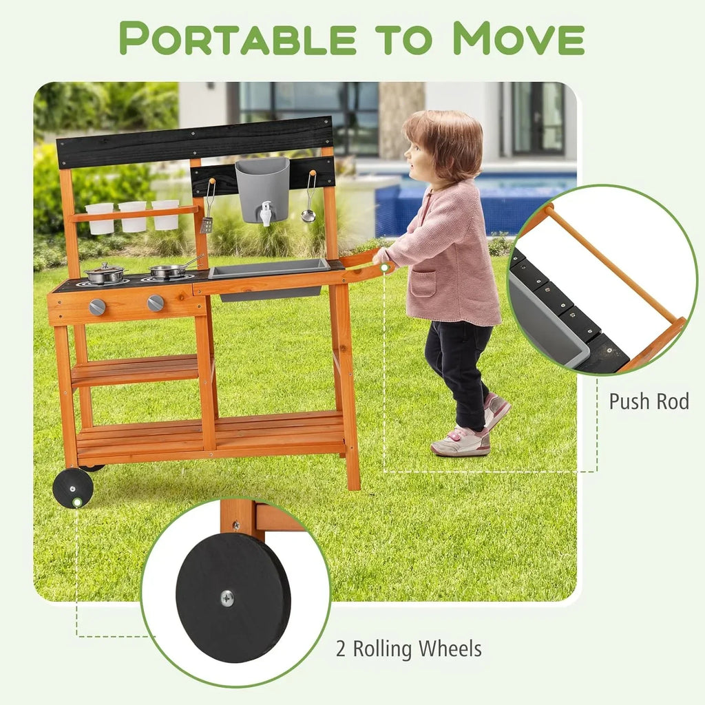Nouveauté 2026 – Cuisine de boue OLAKIDS , cuisine de jeu d'extérieur sur roues avec 3 tasses, évier amovible et accessoires de cuisine en bois. Jouet idéal pour le jardin, cadeau pour les garçons et les filles à partir de 3 ans