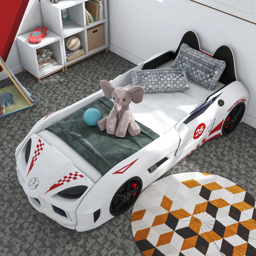Nouveauté 2026 – Lit double en plastique pour enfants Dash Kids, motif voiture de course, avec LED et son, blanc, Furniture of America