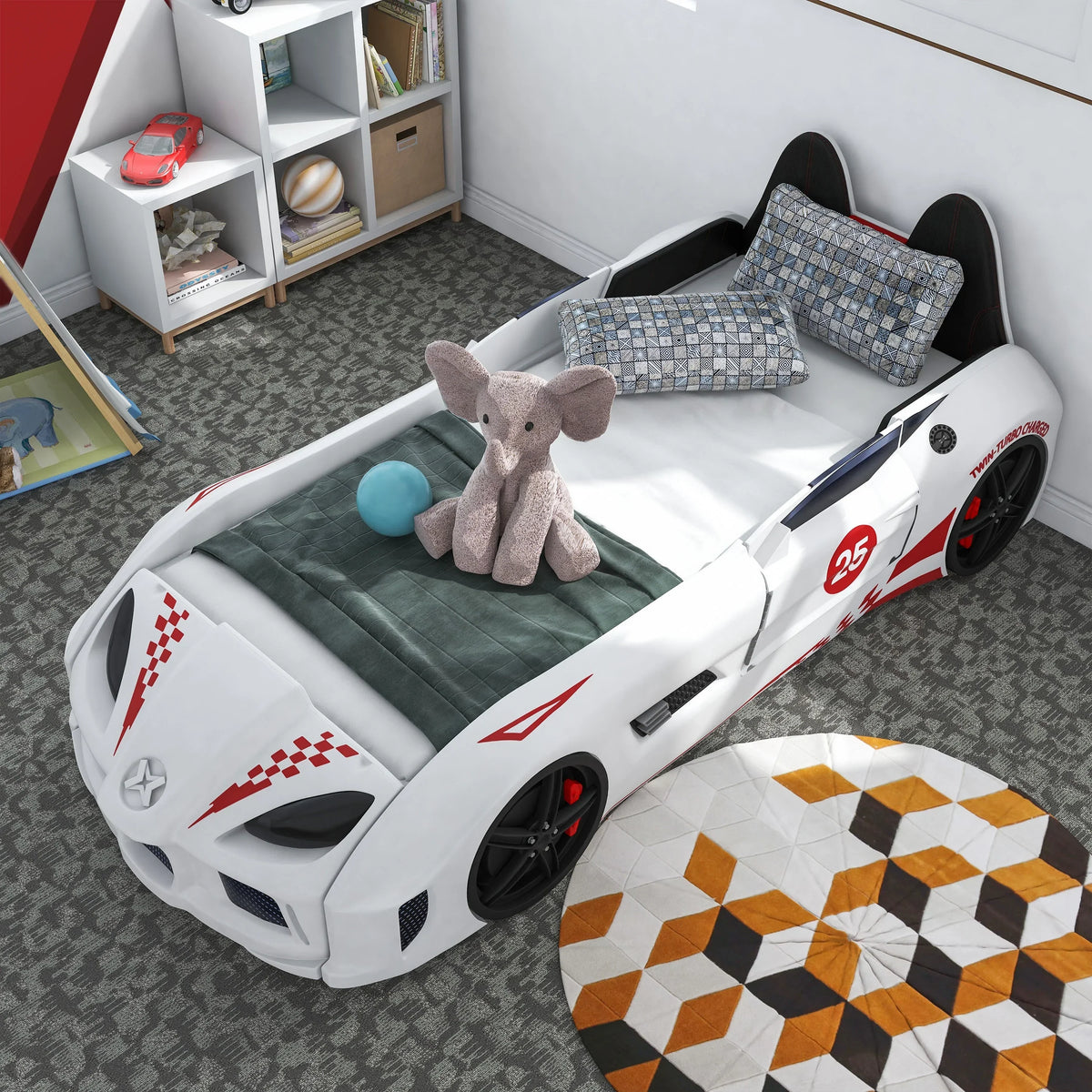 Nouveauté 2026 – Lit double en plastique pour enfants Dash Kids, motif voiture de course, avec LED et son, blanc, Furniture of America