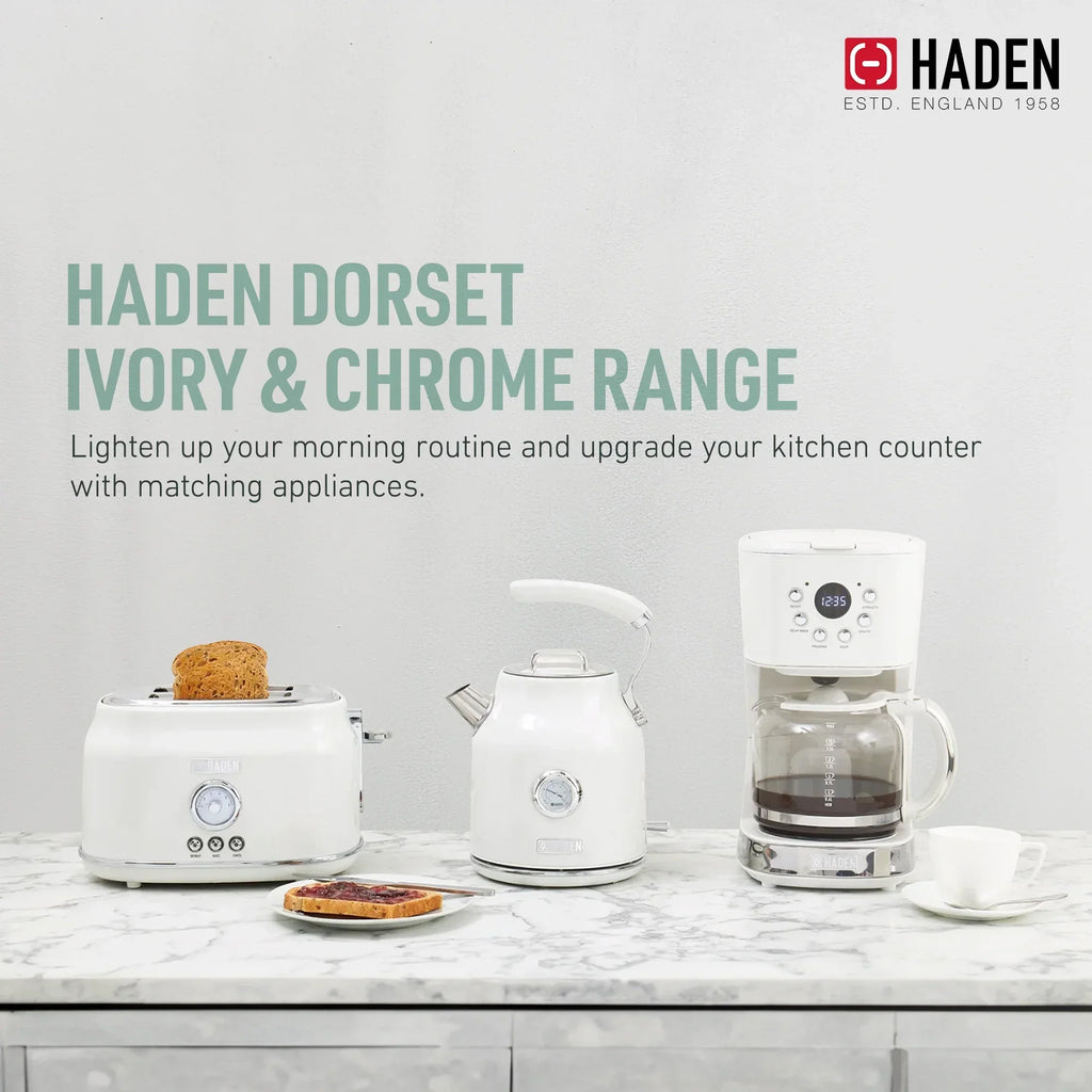 Nouveauté 2026 – Bouilloire électrique Haden Dorset 1,7 litre avec socle, mastic et chrome