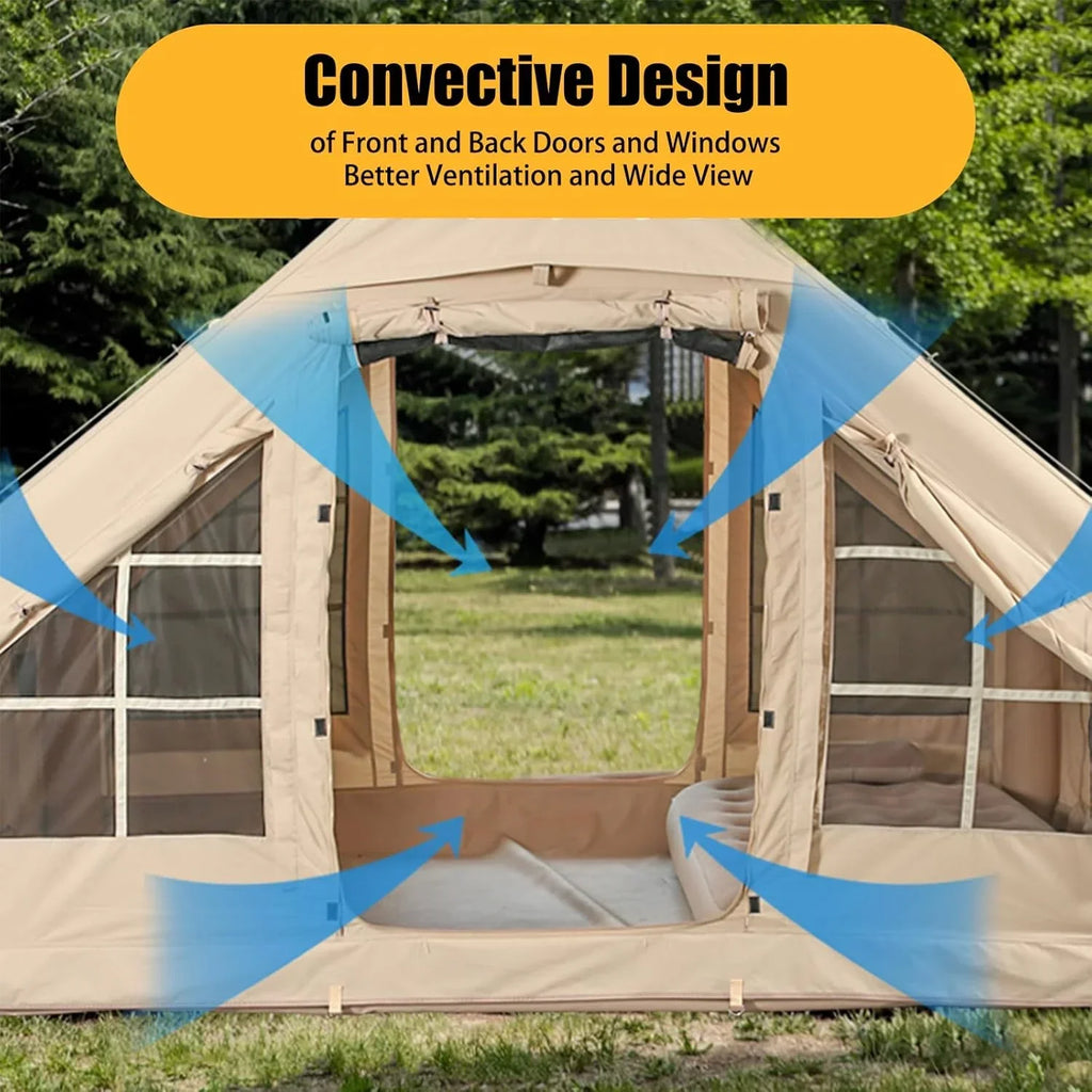 Nouveauté 2026 – Nouvelles tentes de camping gonflables avec pompe manuelle, tentes de glamping gonflables, installation facile, imperméables et coupe-vent, tente cabine Oxford 4 saisons avec fenêtre cheminée