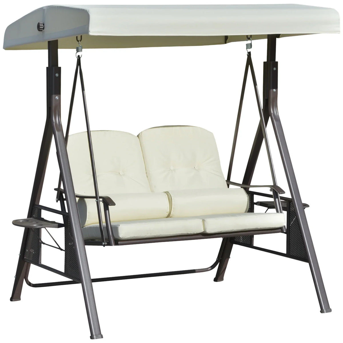 Nouveauté 2026 – Balancelle de patio Outsunny 2 places pour 2 personnes avec auvent réglable, coussins moelleux, coussins décoratifs et plateau, beige