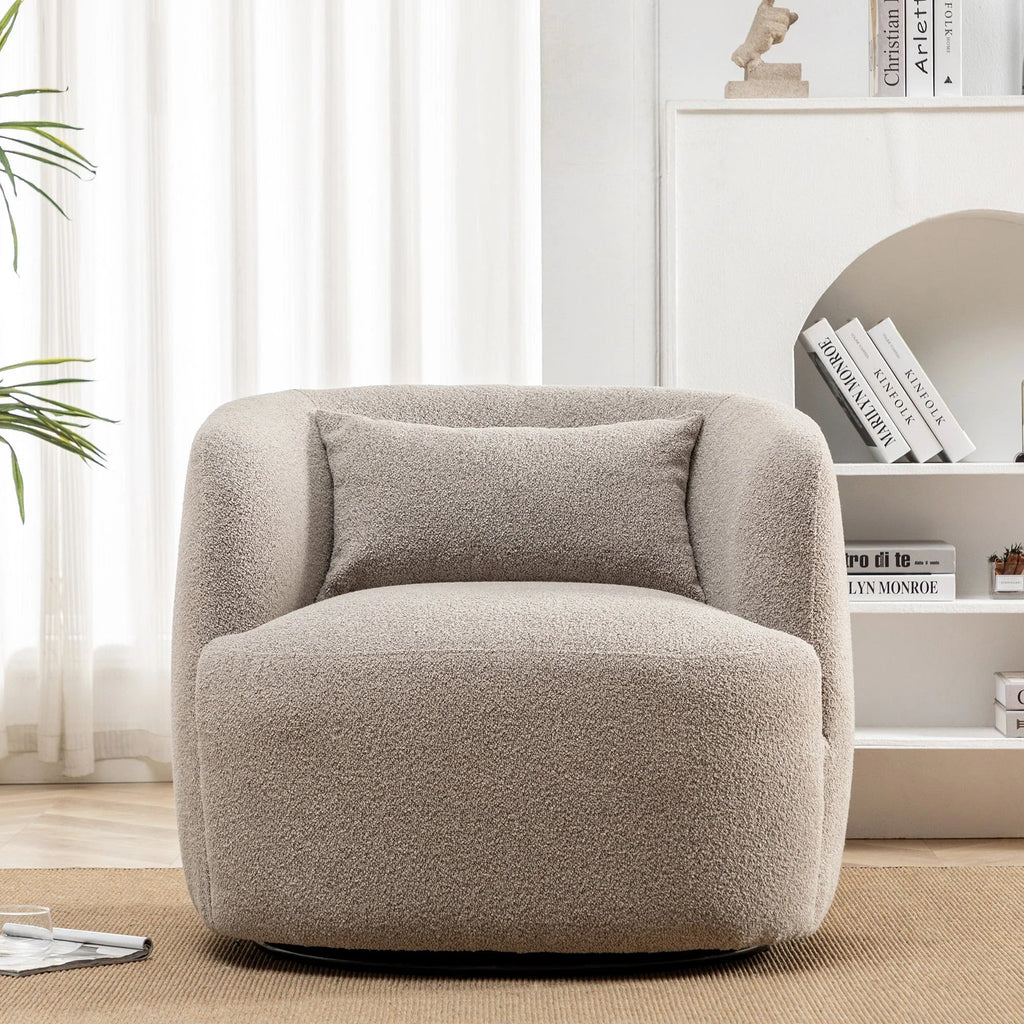 Nouveauté 2026 – Fauteuil pivotant rond 34" en bouclette de 86 cm de large, sans assemblage, avec coussin décoratif, idéal pour le salon et la chambre, couleur taupe