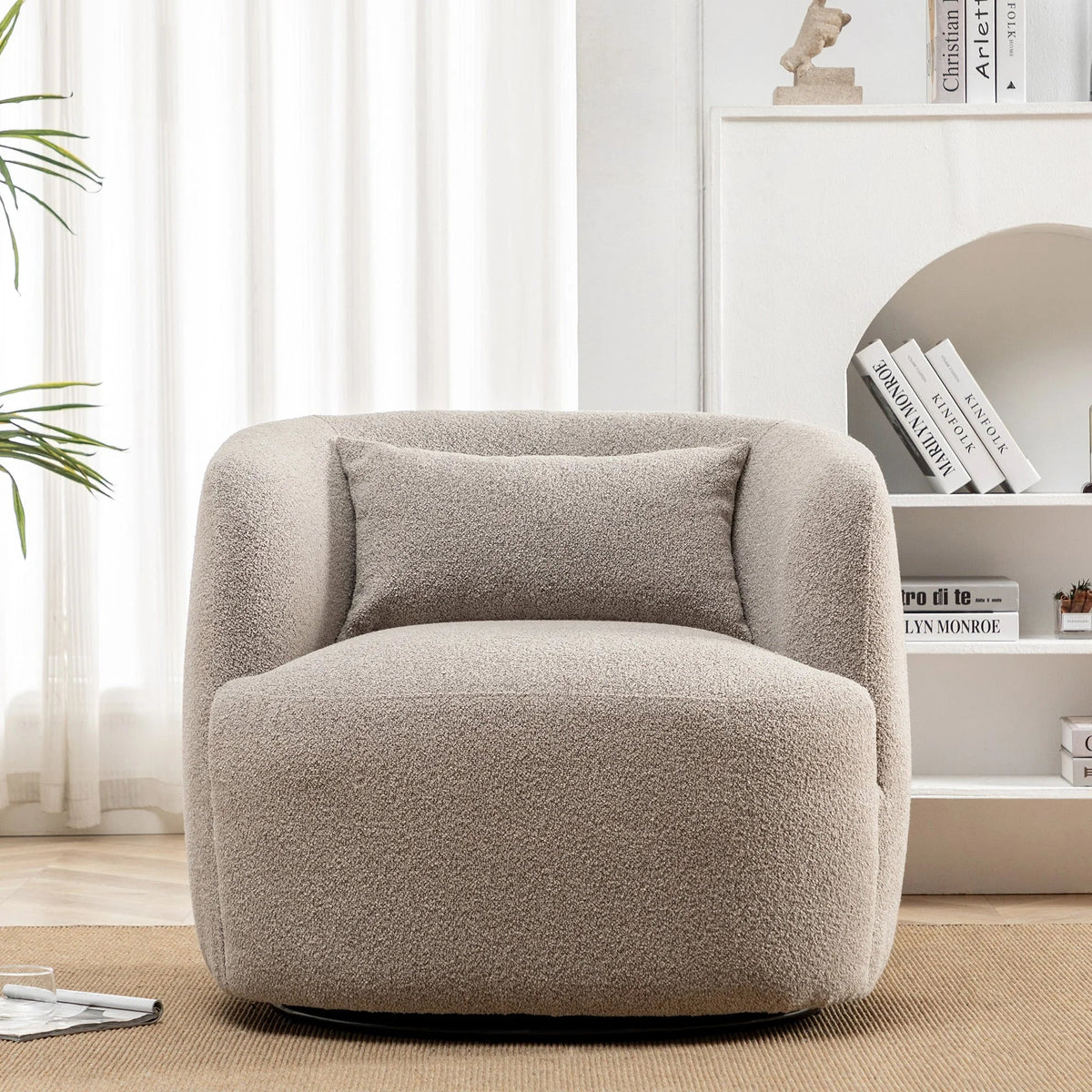 Nouveauté 2026 – Fauteuil pivotant rond 34" en bouclette de 86 cm de large, sans assemblage, avec coussin décoratif, idéal pour le salon et la chambre, couleur taupe